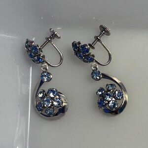 Mid Century Blue Rhinestone Screw Back Earrings